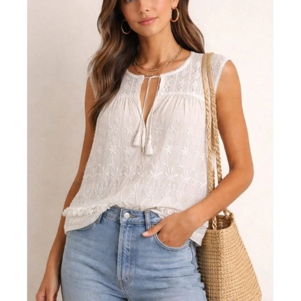 Ulla Johnson Silk Embroidered Lace Tassel Blouse Size 8 Cream Sleeveless Top‎
